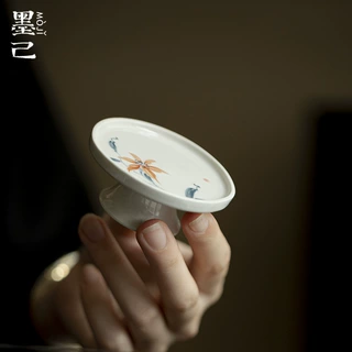墨己草木灰陶瓷盖置茶道配件釉下彩手绘茶壶盖子底托放置摆件盖置