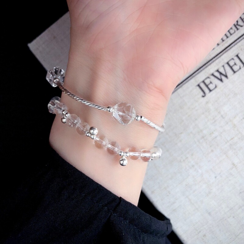 S925 Silver Natural Faceted White Crystal Silver Tube Bracelet ➕ Natural White Crystal Small Silver Ball Bracelet with Heavy Craftsmanship and Texture.