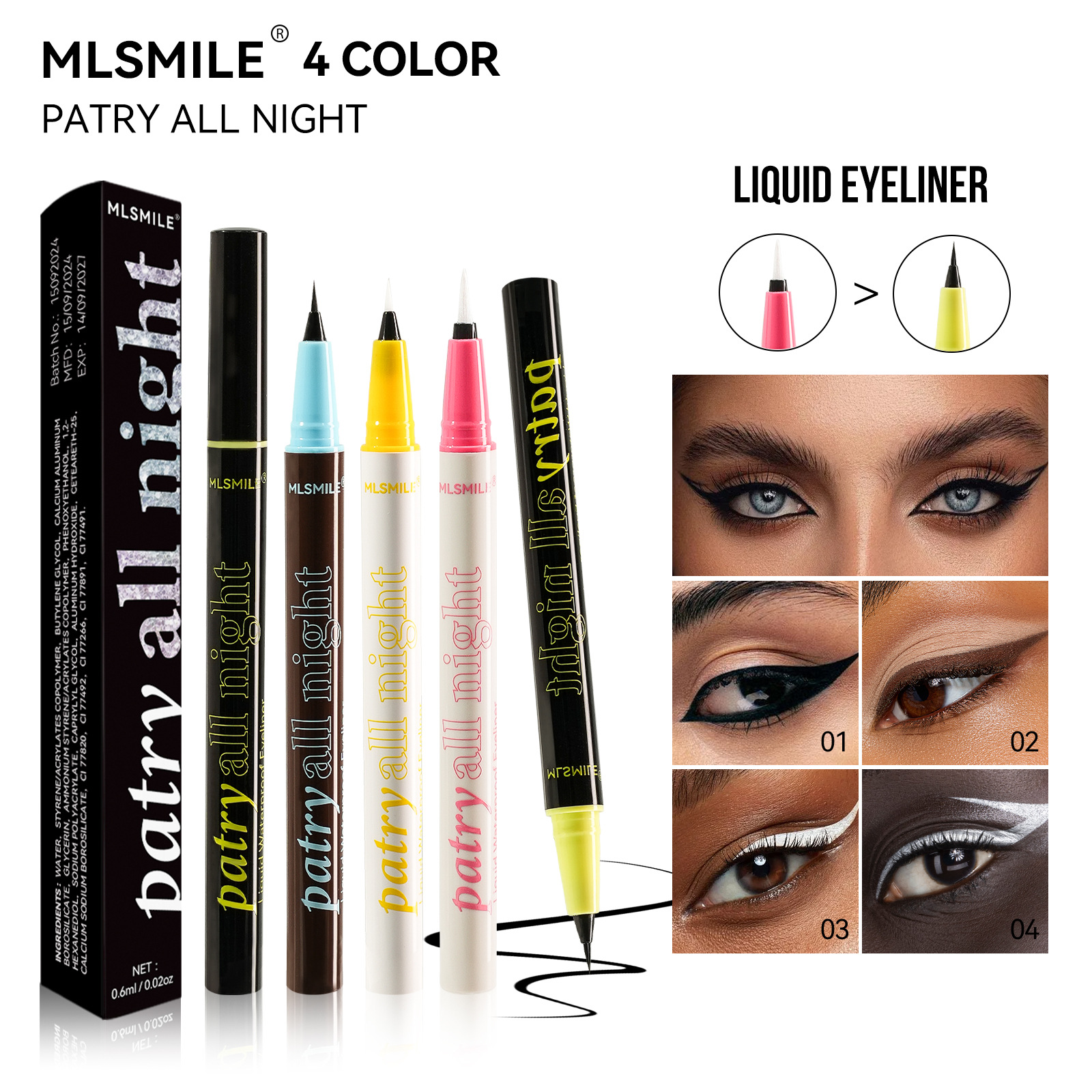 Mlsmile Cross-Border Waterproof Eyeliner Black and White Silver Quick-Drying Non-Smudge Liquid Eyeliner Pen Export Makeup