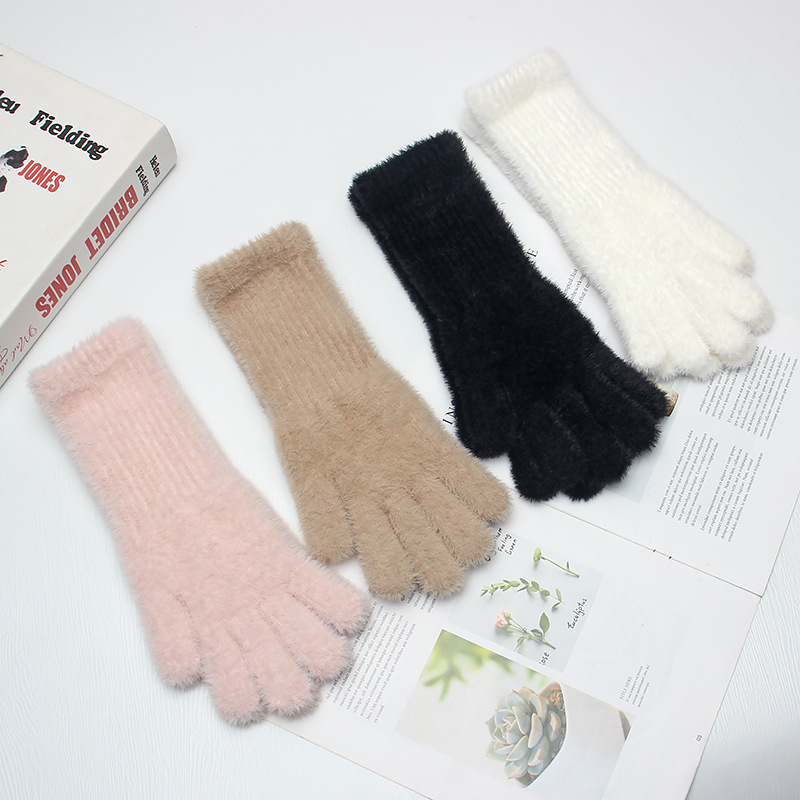 Autumn and Winter Plush Knitted Gloves Women's Winter Korean Style Girl's Heart Cute Long Wrist Warm Five-finger Touch Screen Hand Socks for Students