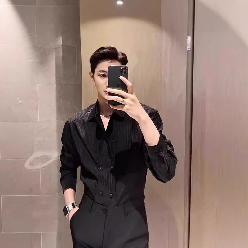 High-End Stylish Striped Shirt, Salt-Style Double-Breasted Shirt, Boyfriend-Style Loose Long-Sleeve Handsome Suit Collar Shirt High-End Stylish Striped Shirt, Salt-Style Double-Breasted Shirt, Boyfriend-Style Loose Long-Sleeve Handsome Suit Collar Shirt