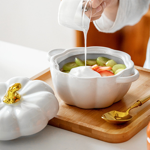 Wei porcelain creative cute pumpkin soup cup with lid baking bowl ceramic rice bowl baking tableware dessert soup bowl water-proof stew pot