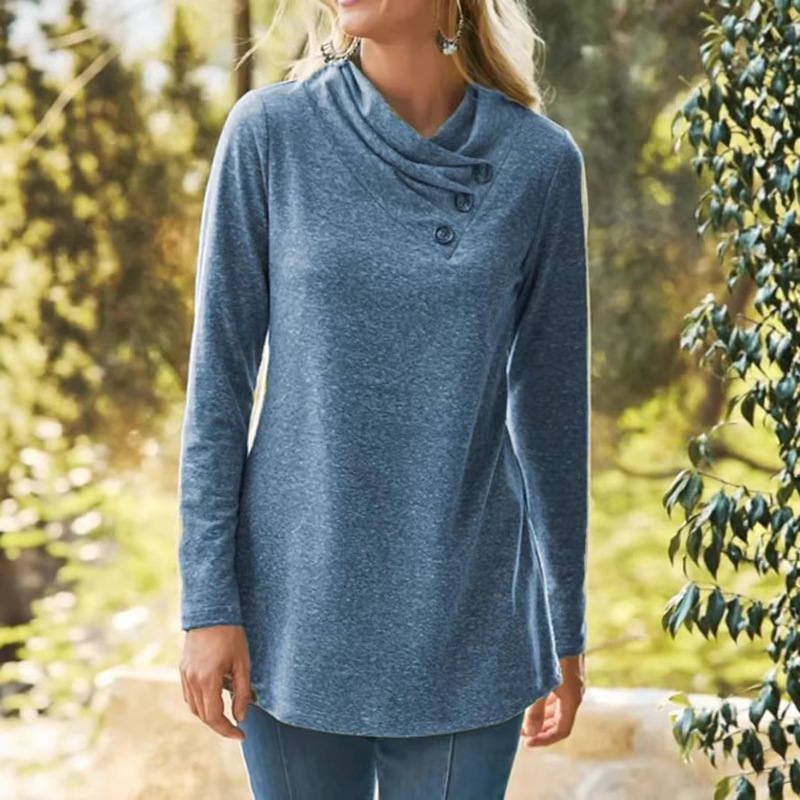 Wish Aliexpress Ebay 2021 New Autumn and Winter Women's Pure Color Pile Collar Buttoned Long-Sleeved T-Shirt Loose