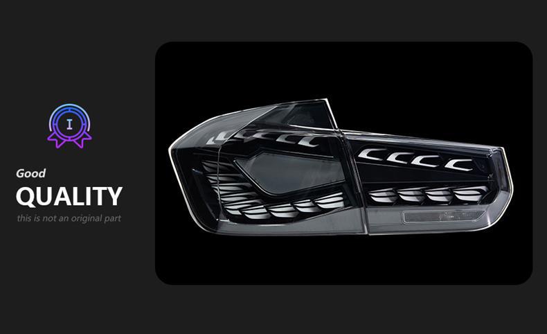 Specifically designed for BMW 3 Series F35 tail light assembly, F30 modified white dragon scale venom tail lights, sequential turn signals, and brakes