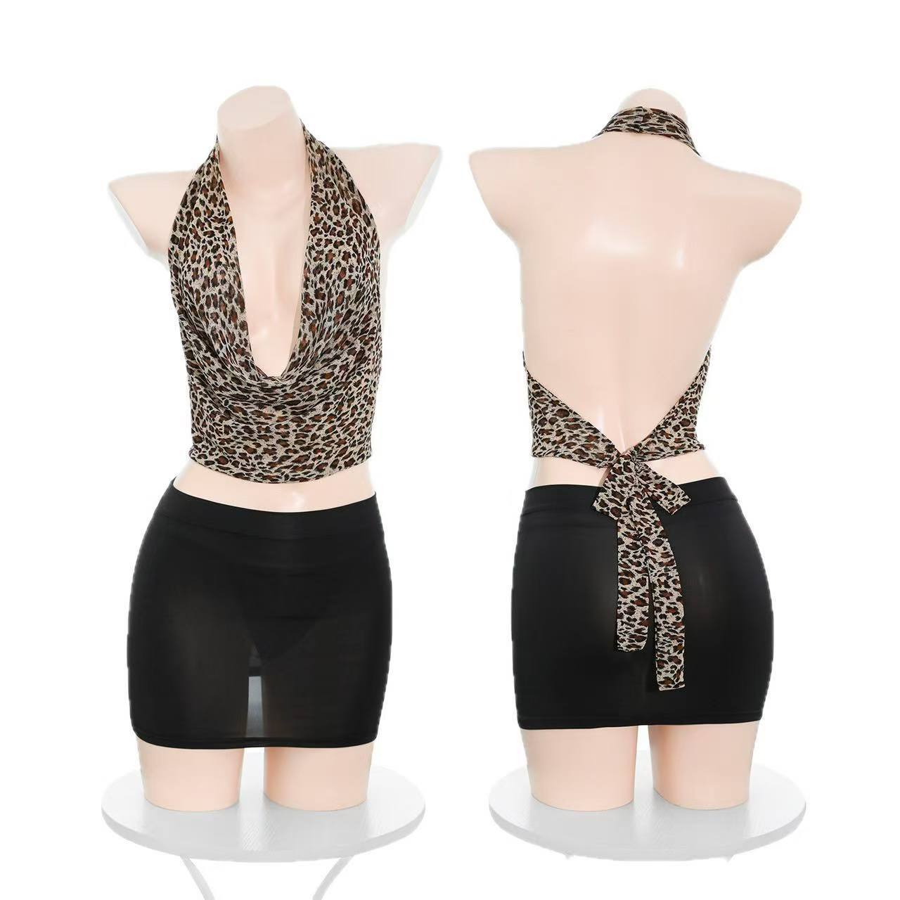 Leopard Print Open-Bust Secretary Costume Bodysuit, One Size Polyester Lingerie Set — detail image 5