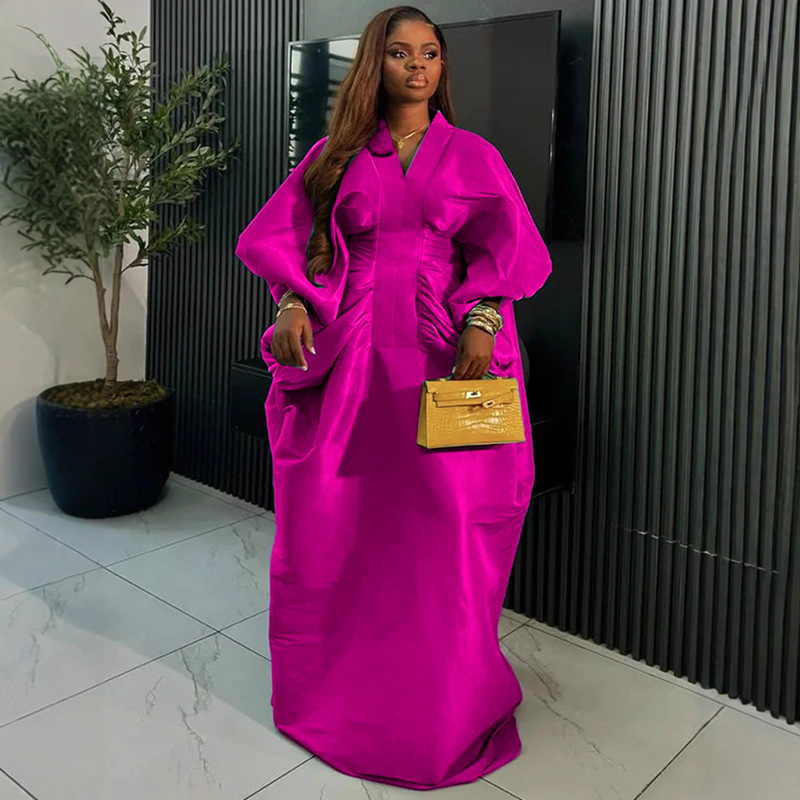 African New Loose V-Neck Batwing Long-Sleeve Dress with Ruched Waist and Flared Fashion Party Long Dress African New Loose V-Neck Batwing Long-Sleeve Dress with Ruched Waist and Flared Fashion Party Long Dress