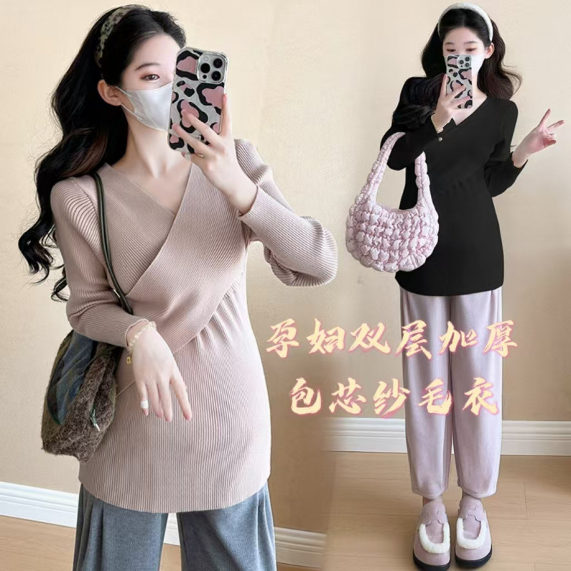 New Pregnant Women Autumn and Winter Core-spun Yarn Good Quality Double Layer Thickened Sweater Fashion Slim-fit Outer Wear Knitted Sweater suit