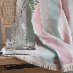 I'manqi Yun Curtain Finished Product, Striped Yarn-Dyed White with Contrasting Color Trim, Kitchen Curtain in Country Style, Semi-Blackout Window Treatment for Living Room