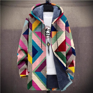 Amazon Cross Border Jacket Retro Art 3D Print Winter Zipper Fashion Loose Long Sleeve Windproof Hooded Cotton Coat