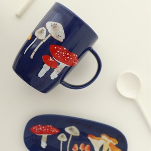 High Color Value Blue Mushroom Ceramic Cup Niche Peacock Blue Household Breakfast Cup Large Capacity Mug Foreign Trade Water Cup