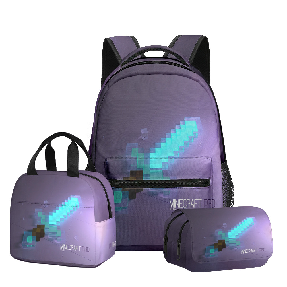 Nuevo producto 3D My World Minecraft mochila de estudiantes de primaria y secundaria bolsa de almuerzo bolsa de bolígrafo doble tres piezas set