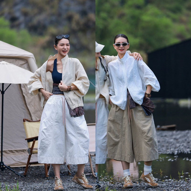 High-density hemp-linen stand-up collar jacket with double zipper and puff sleeves, resort-style sun protection top with a relaxed feel High-density hemp-linen stand-up collar jacket with double zipper and puff sleeves, resort-style sun protection top with a relaxed feel