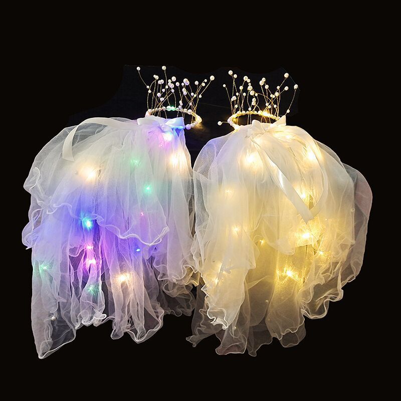 New Trendy Internet Celebrity Glowing Veil Crown Pearl Veil with Lighted Bow for Photo Shoots and Marriage Registration, Wholesale Street Stall Toys
