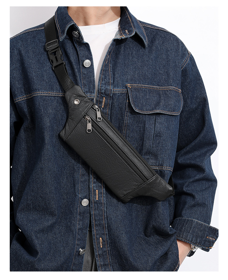 94g Weight Polyester Lining Material Sewing Thread Fashion Element Zipper Closure Type Sling Strap Strap Type Fanny Pack Bags Type Casual Occasion Genuine leather Material Solid Color Pattern All Seasons Season Men's Gender Streetwear Style Square Shape Men's Streetwear Solid Color Genuine Leather Men's Waist Bags 12
