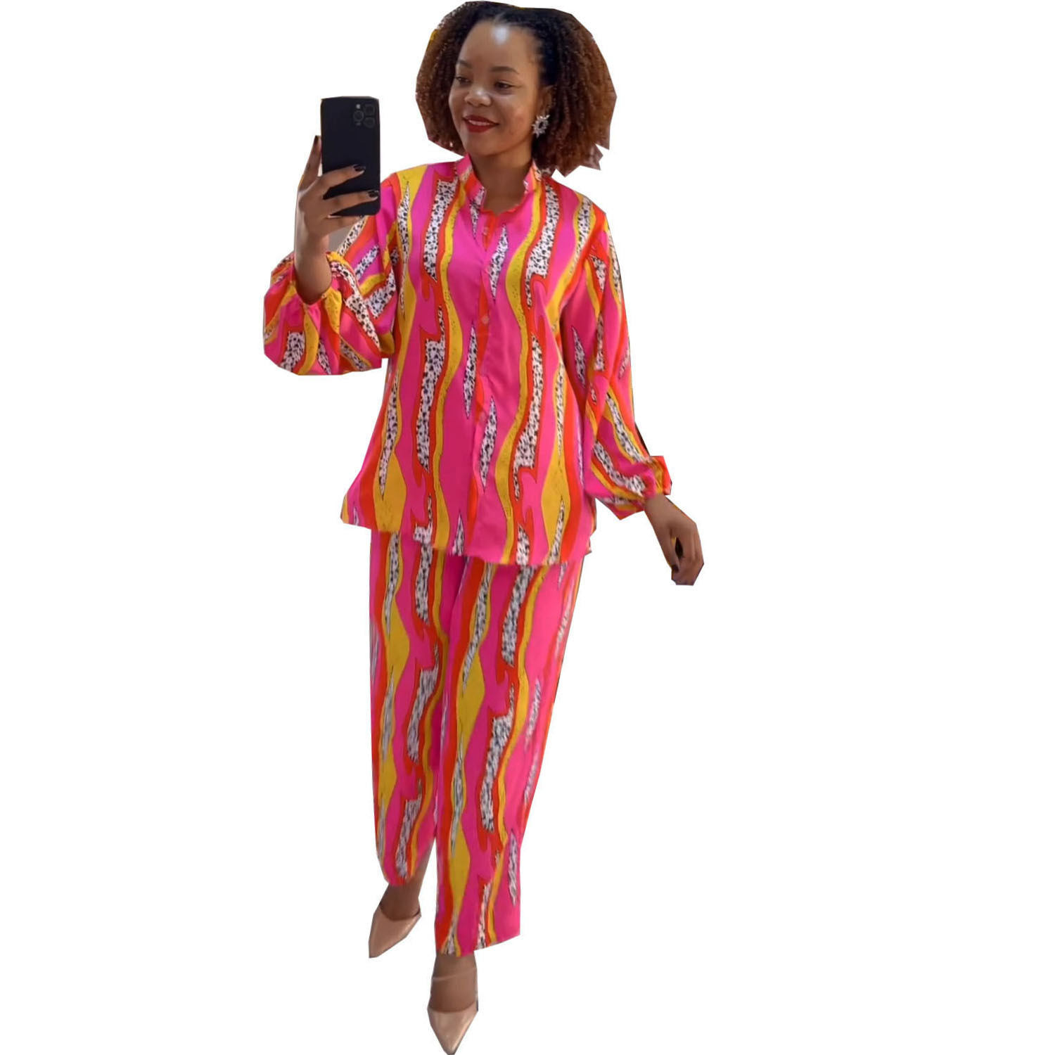 Abbigliamento donna nuova camicia a maniche lunghe stampata con pantaloni elastici abito casual_voghion.com