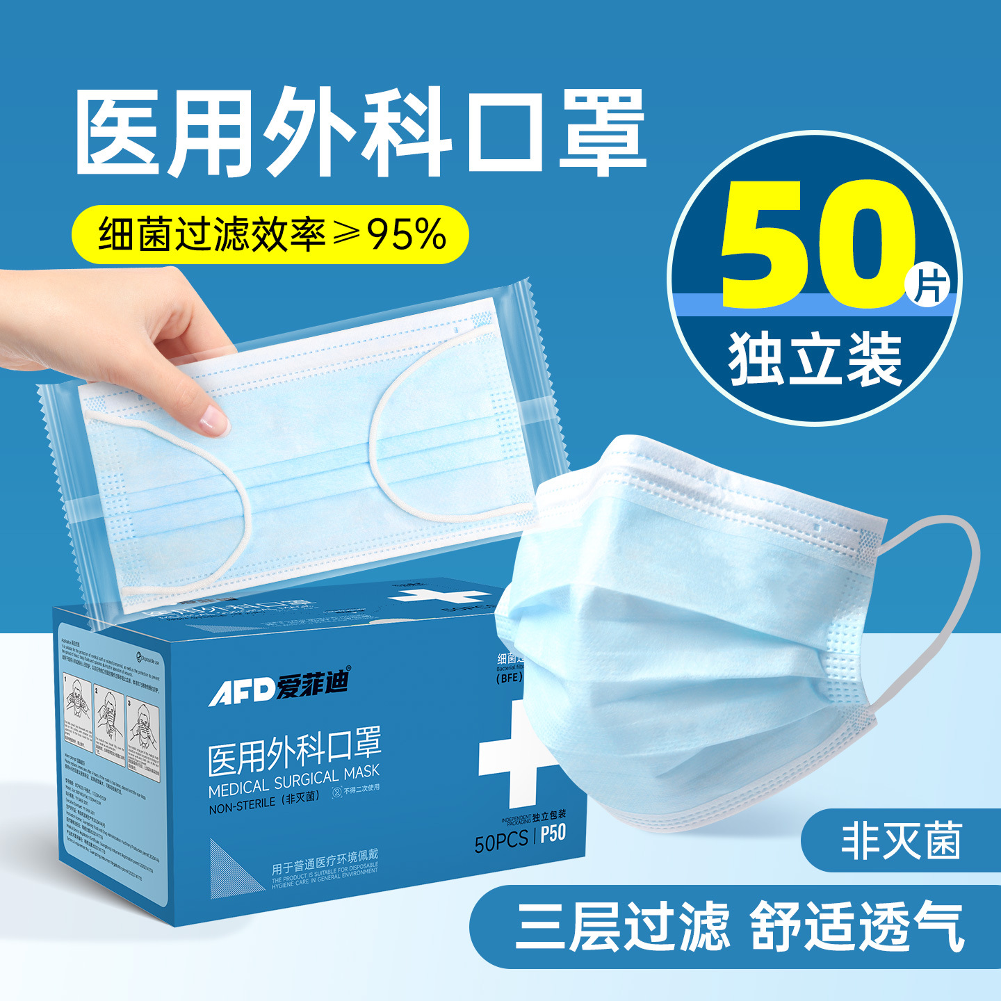 医用外科口罩一次性独立包装三层成人防护医用级透气防尘厂家批发