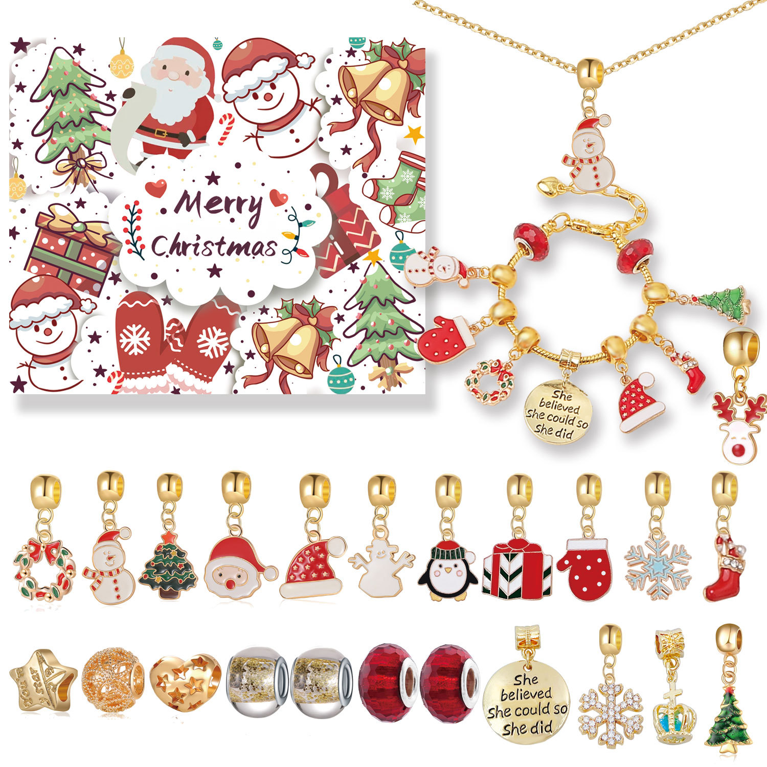 Gold Christmas Countdown Calendar Gift Box Set DIY Beaded Jewelry Advent Christmas Tree Bracelet Gift_voghion.com