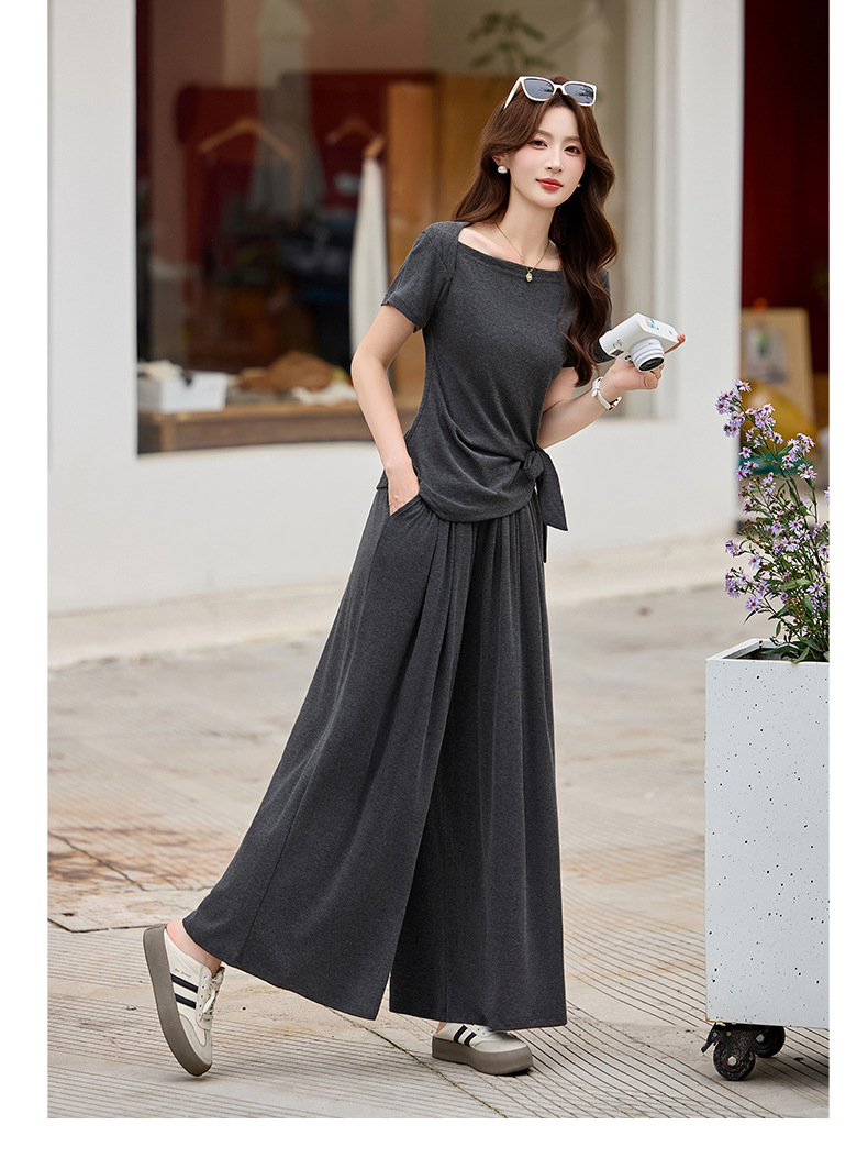 Bộ quần áo nữ thiết kế dây rút, áo phông phối quần ống rộng, form rộng thoải mái — Màu ảnh chi tiết 8