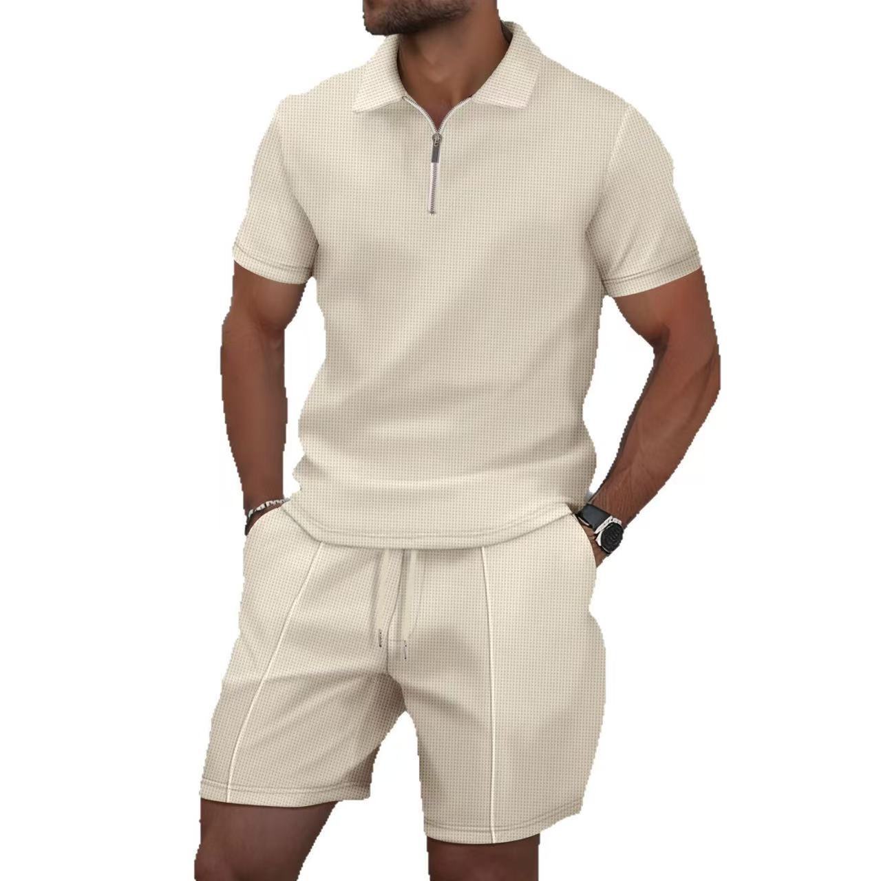 Men's Summer Waffle Texture T-shirt And Shorts Casual Set_voghion.com