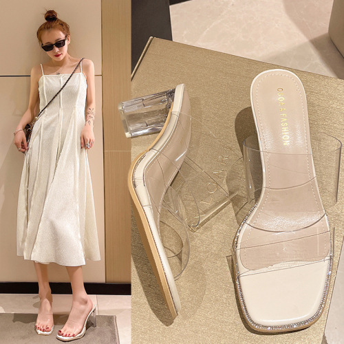 Water Diamond Transparent Flip Flops Women 2025 New Fashionable Summer Mid Heel Thick Heel High Heel Fairy Shoes 