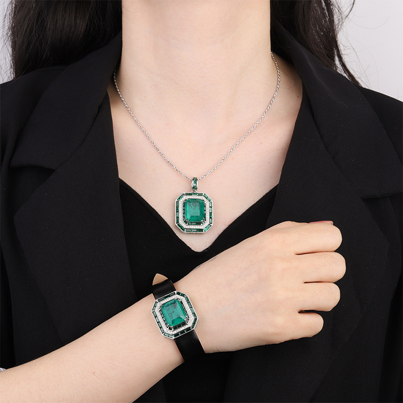 Zhuang Sheng joyería S925 todo el cuerpo de plata TikTok Venta caliente simulación abuela verde cuadrado marca joyería de lujo