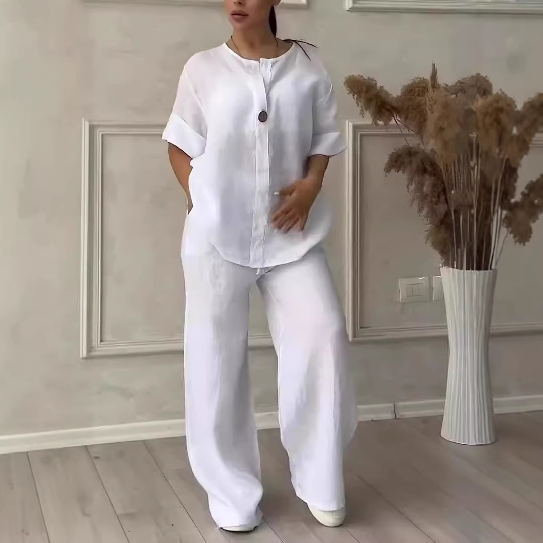 Ensemble de vêtements décontractés pour femmes en coton et lin : haut ample et confortable, pantalon large. Mode pour occasions formelles et décontractées._voghion.com