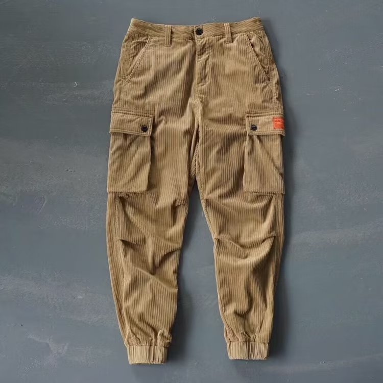 Nuevo mono de Bolsillo grande retro para hombres pantalones casuales de moda sueltos de todo el partido de pana de moda Pantalones americanos atados al tobillo