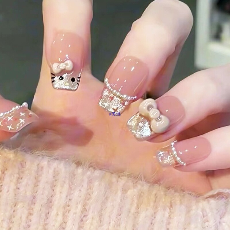 Manicure Wearable Nails 2025 Children's Style Pink Butterfly Camellia Medium Short Style Whitening Nail Patch