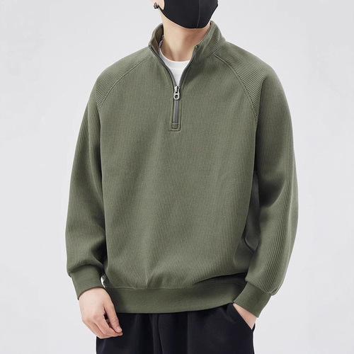 Men's semi-zipper sweater men's spring and autumn 2025 new style loose fashion brand pullover stand collar solid color sweater T-shirt men