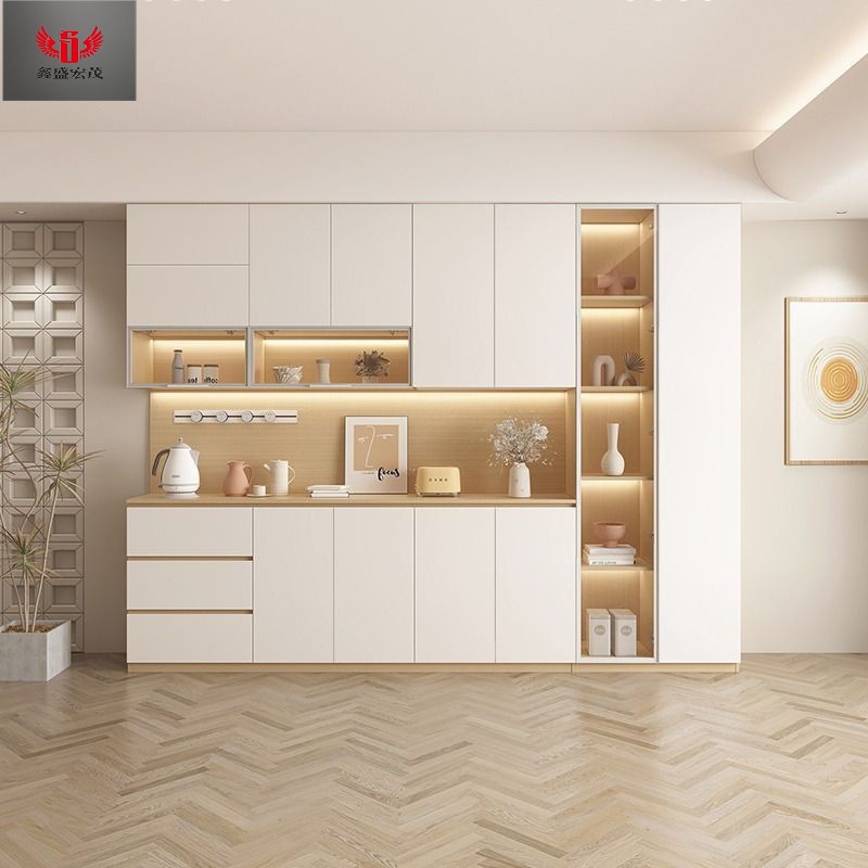 Gabinete de vino de madera sólida, gabinete de comedor, gabinete alto en uno, moderno y simple, armario de cocina contra la pared, armario multifuncional, viento de crema