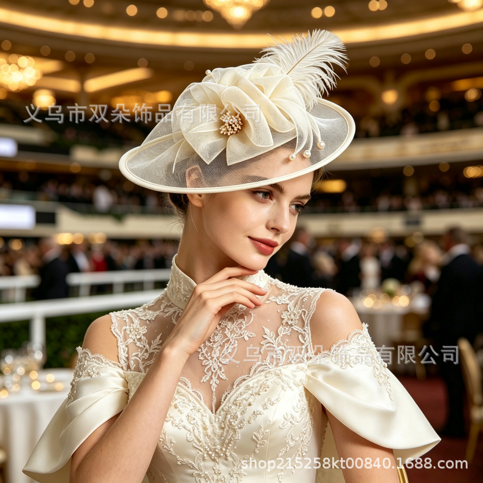 Cross-border bestseller mesh feather bow headpiece pearl headband for banquets, horse racing festivals, parties, and performances