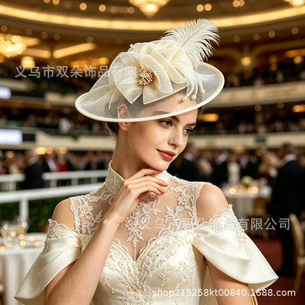 Cross-border bestseller mesh feather bow headpiece pearl headband for banquets, horse racing festivals, parties, and performances