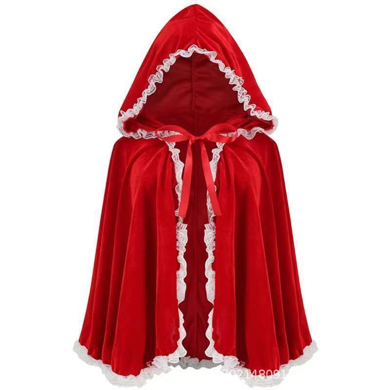 European and American Animation Peripheral Performance Costumes, Role-Playing Costumes, Little Red Riding Hood Hooded Cloak, Red Cloak with Lace Trim