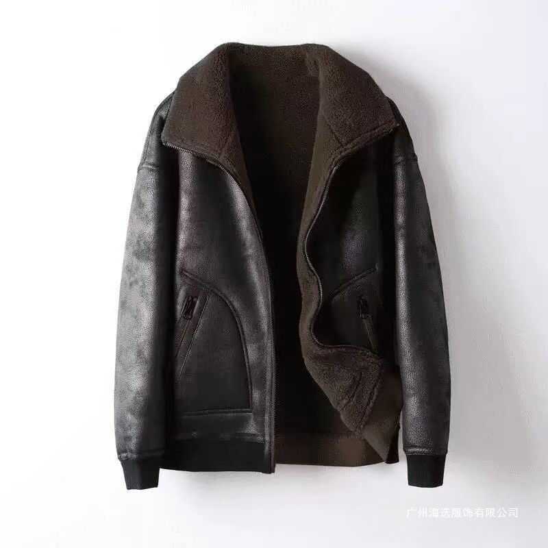 Haining Men's New Style Double-Sided Motorcycle Leather Jacket Thickened Wool Coat Winter Fashion Trend Men's Clothing