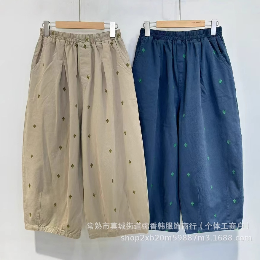 日系松紧腰小刺绣花拼接休闲百搭阔腿裤