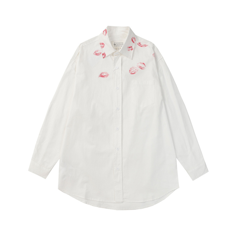 European and American Trendy Brand Maison Margiela Mm6 Lip Lipstick Print Pure White Long-Sleeved Shirt for Men and Women