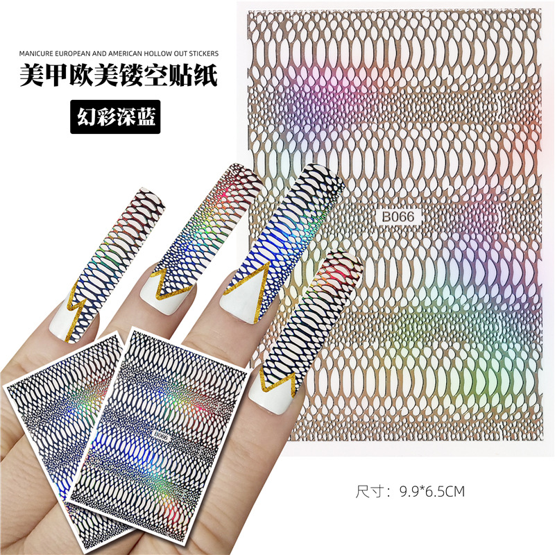 Transfronterizo nuevo patrón de serpiente de uñas hueco pegatinas traje de estilo europeo y americano colorido láser uñas pegatinas 12 unidades
