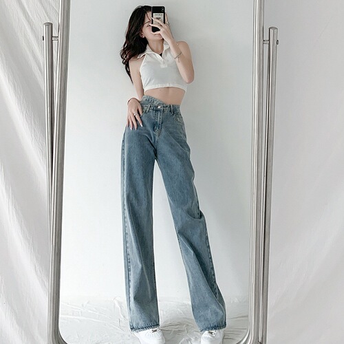 Irregular oblique buckle high waist chic style Korean style wide leg jeans for women new spring and autumn loose straight floor mopping pants