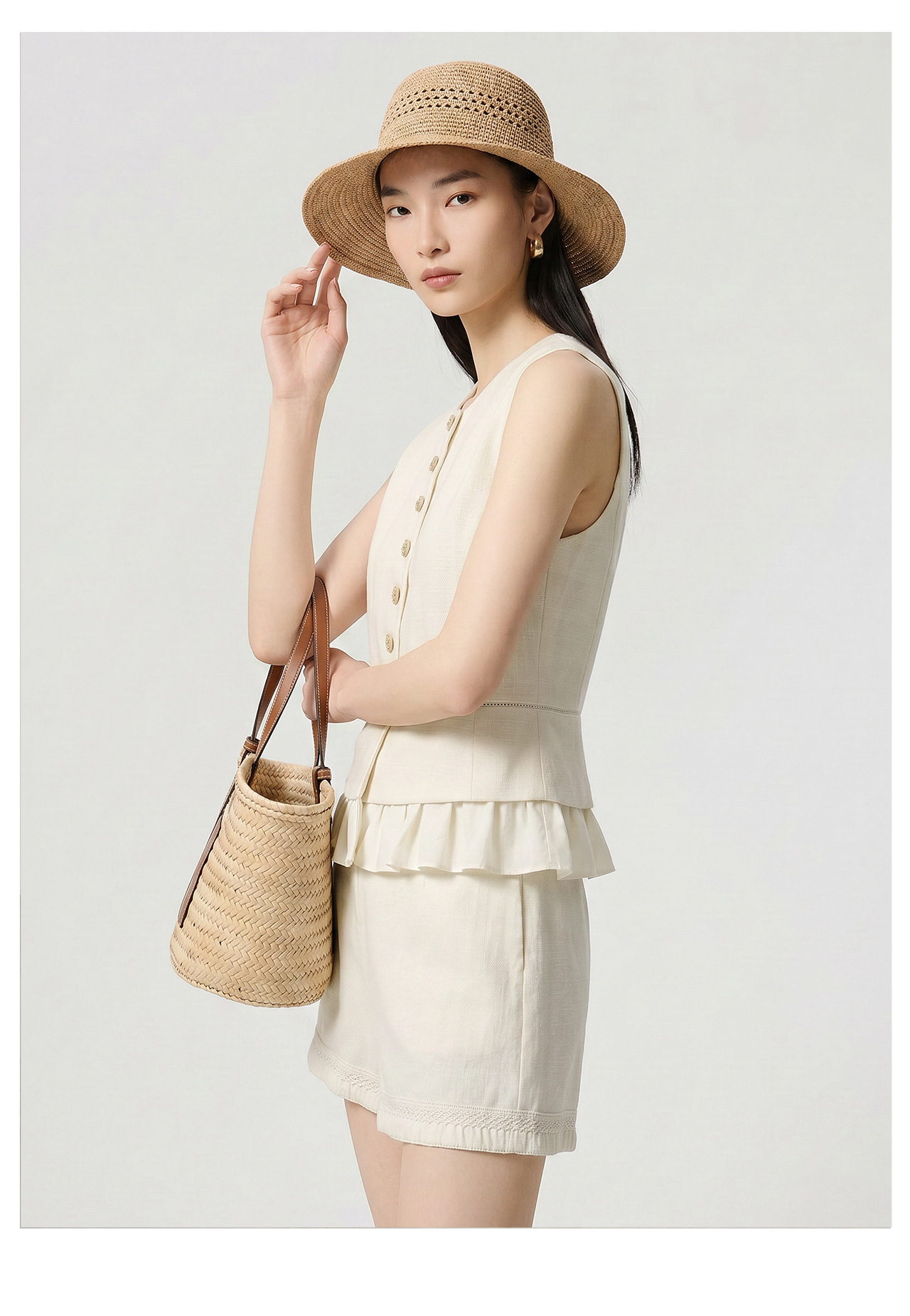 Bộ áo gi lê viền lá sen kết hợp quần short nữ mùa hè — màu mơ chi tiết 14