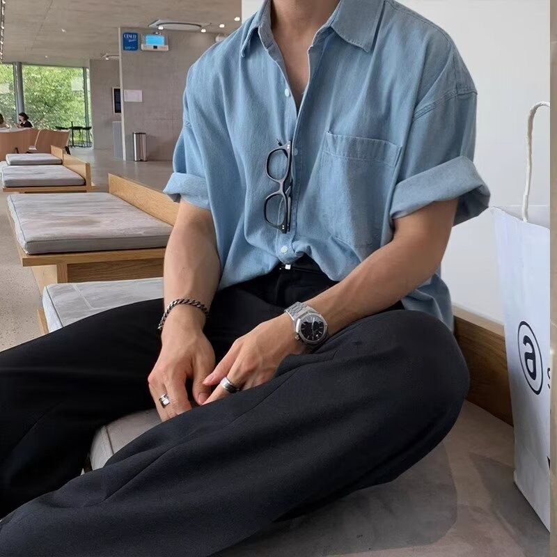 American High-End Denim Shirt Men's Short-Sleeved Summer Style Trendy Brand Trendy Handsome Loose Casual Shirt Jacket