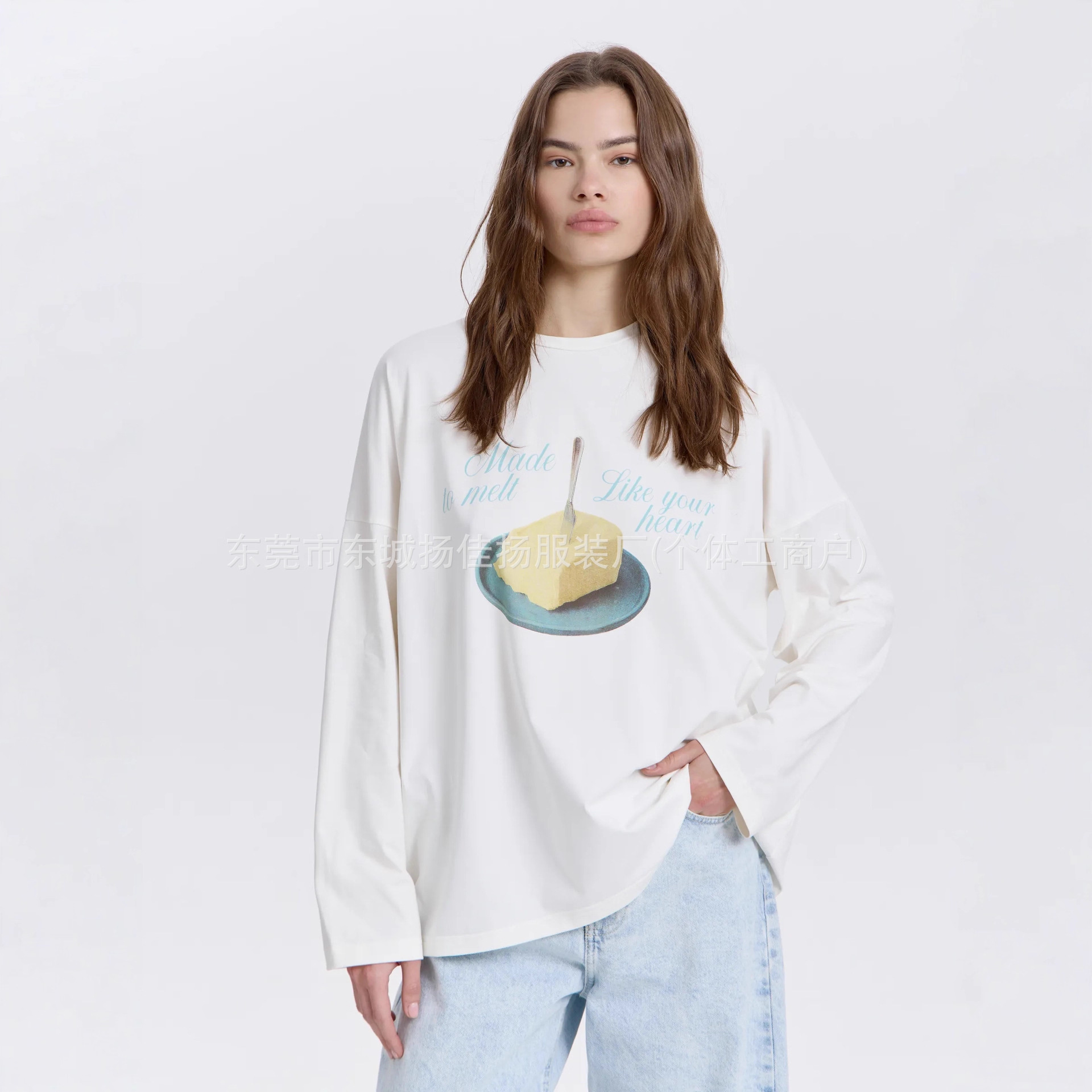 100% Pure Cotton Long-Sleeved T-Shirt, Popular Niche Ins Style Printing, Versatile Slimming Look Casual Oversize Top