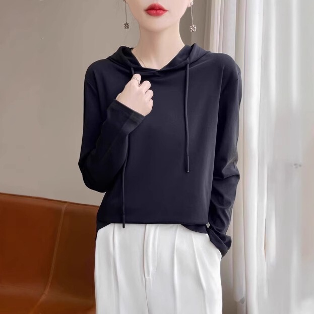Women's New Hooded Sweatshirt 2024 Spring and Autumn Long-Sleeve Knit Top Mercerized Cotton Hooded T-Shirt Thin Style