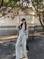 灰色v领露肩长袖套头卫衣女早秋穿搭套装宽松休闲阔腿长裤两件套