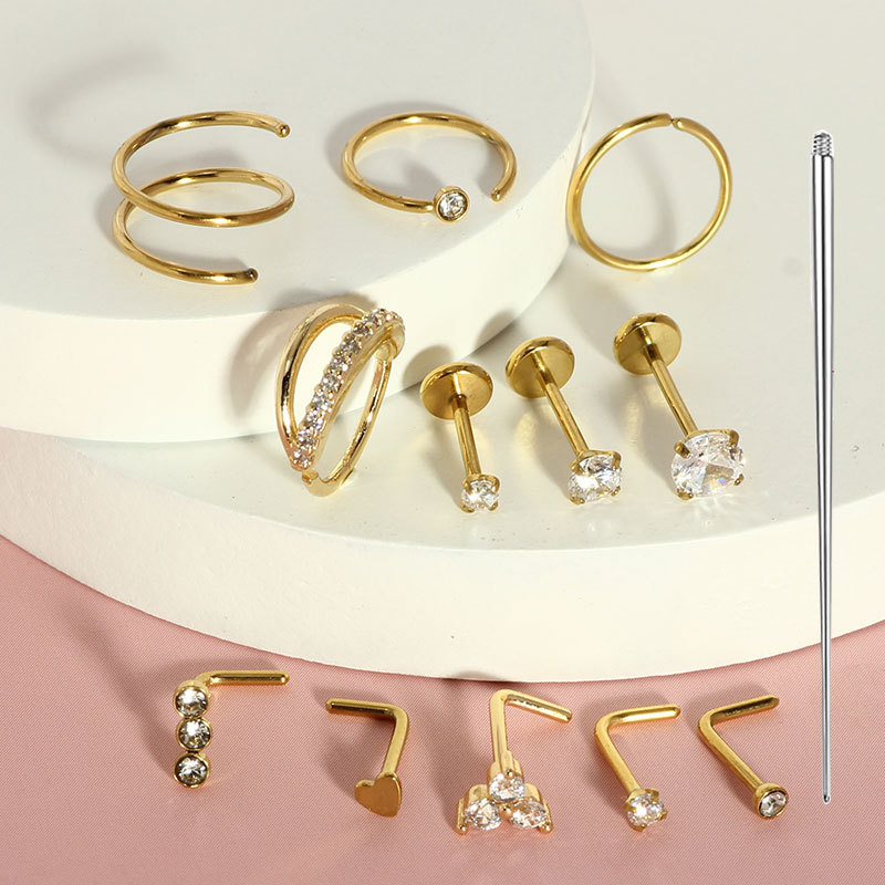 13-Piece Set Stainless Steel Nose Studs Basic Nose Rings Body Piercing Jewelry CZ Heart detail image 8