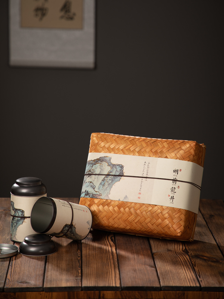 2023 New Bamboo-Woven Early Spring Longjing Tea Packaging Box Empty Gift Box Mei Jia Wu Lion Peak Longjing Tea Box Container