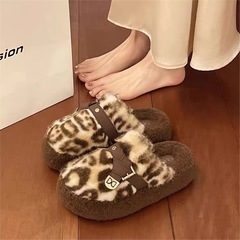 勃肯豹纹毛毛拖鞋女外穿2025新款秋冬踩屎感软底高级感毛绒棉拖鞋