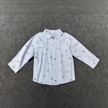 纯棉亲肤！跨境原单男童浅蓝色休闲印花衬衣简约