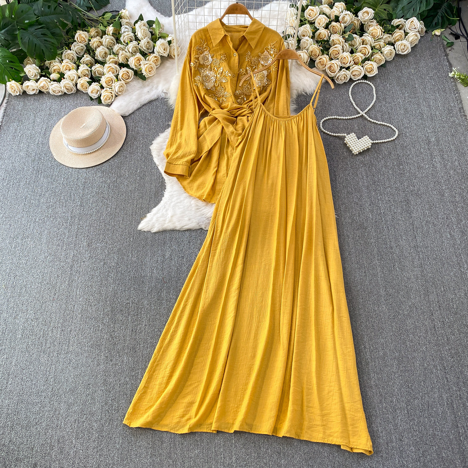French Elegance Sequin Blazer Dress Set, Mid-Length Cross-Waist Blouse & Camisole Dress 2-Piece Outfit For Women_ecoleips.com