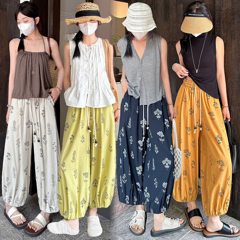 フレンチプリントコットンとリネンの女性用9点パンツ、夏用薄手、小柄、ハイウエスト、スリム、ルーズ、アイスシルク、コットンとリネンのブルマー|undefined