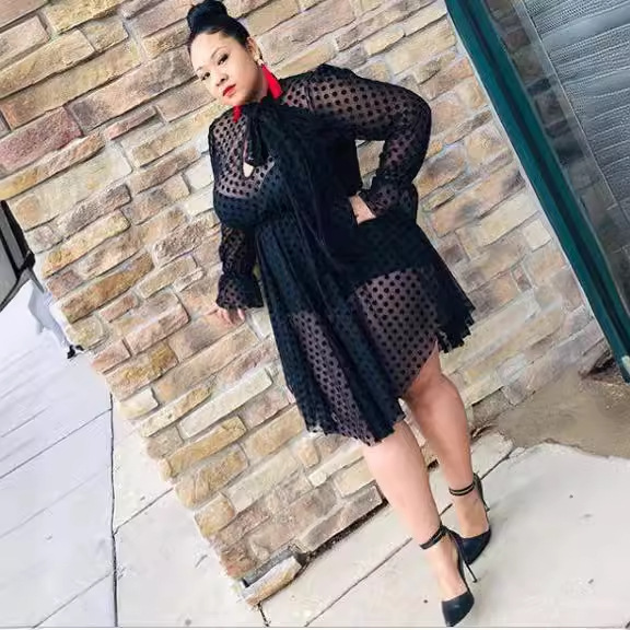 Ins popular independent website hot selling European and American large size sexy mesh hollow see-through irregular dress fake two pieces_voghion.com